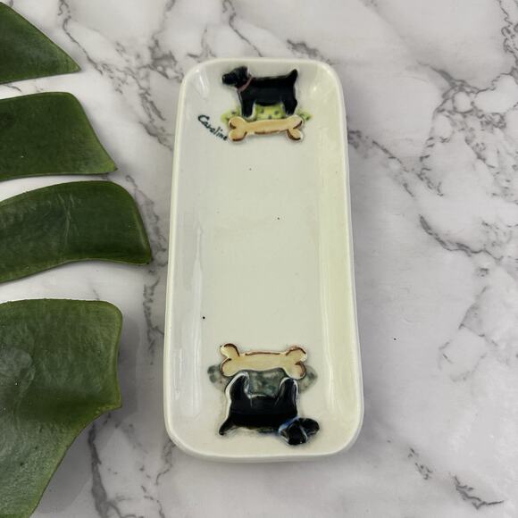 The Porcelain Pasture Other - The Porcelain Pasture Black Dog Trinket Dish Ring Tray White Bone Caroline Puppy